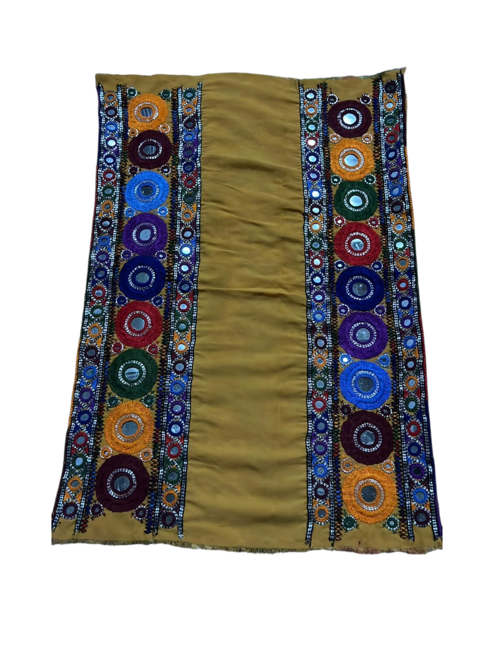 Multicolor handmade Balochi mirror work embroidery panel for women’s unstitched kurtis, ethnic dresses, and festive Pakistani fashion on mustard fabric. Sleeve