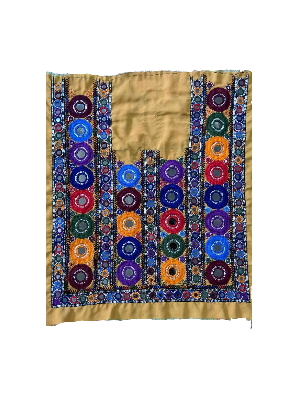 Multicolor handmade Balochi mirror work embroidery panel for women’s unstitched kurtis, ethnic dresses, and festive Pakistani fashion on mustard fabric.