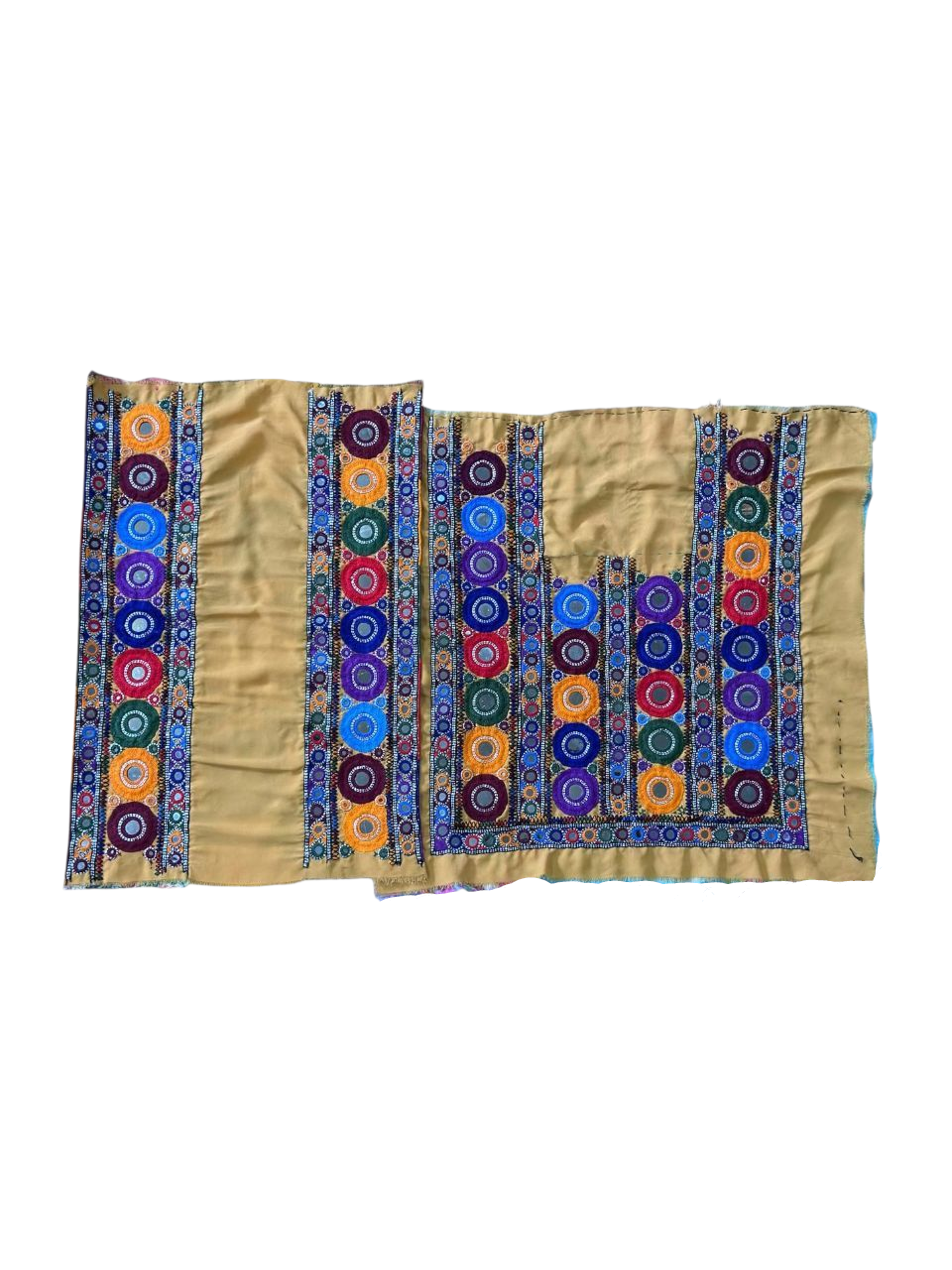 Handmade multicolor Balochi mirror work embroidery panel on mustard fabric for unstitched kurtis and festive ethnic wear.