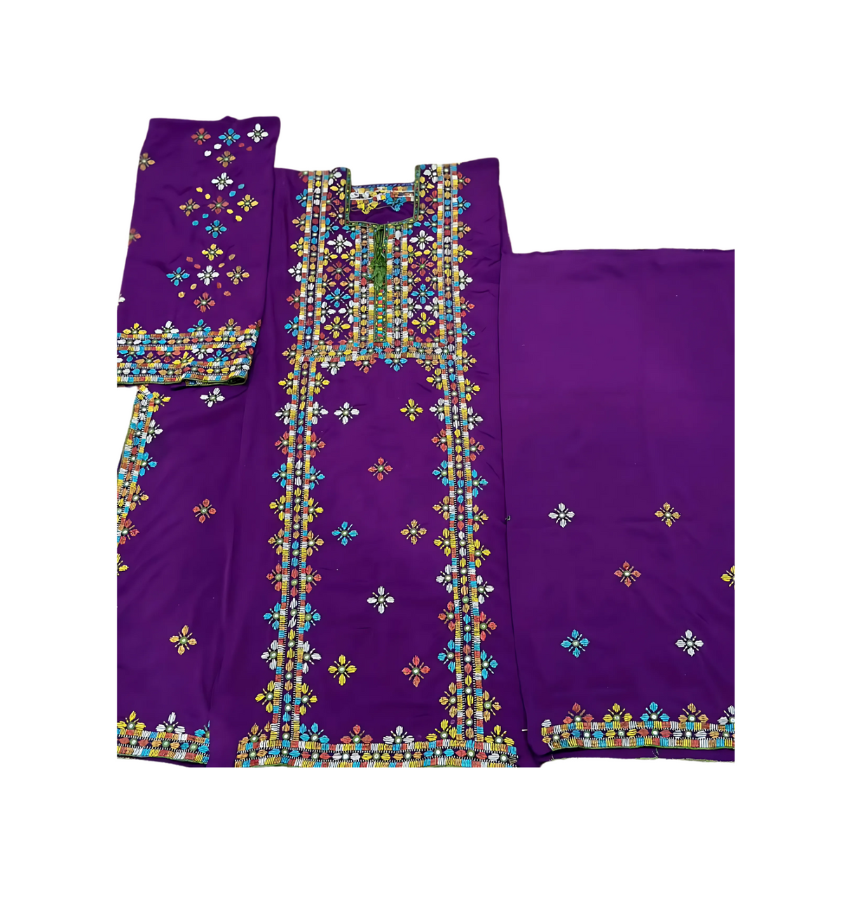 Traditional 2-piece Balochi embroidered suit in purple fabric with multicolor threadwork, handcrafted ethnic Pakistani wear for Eid and festive events.