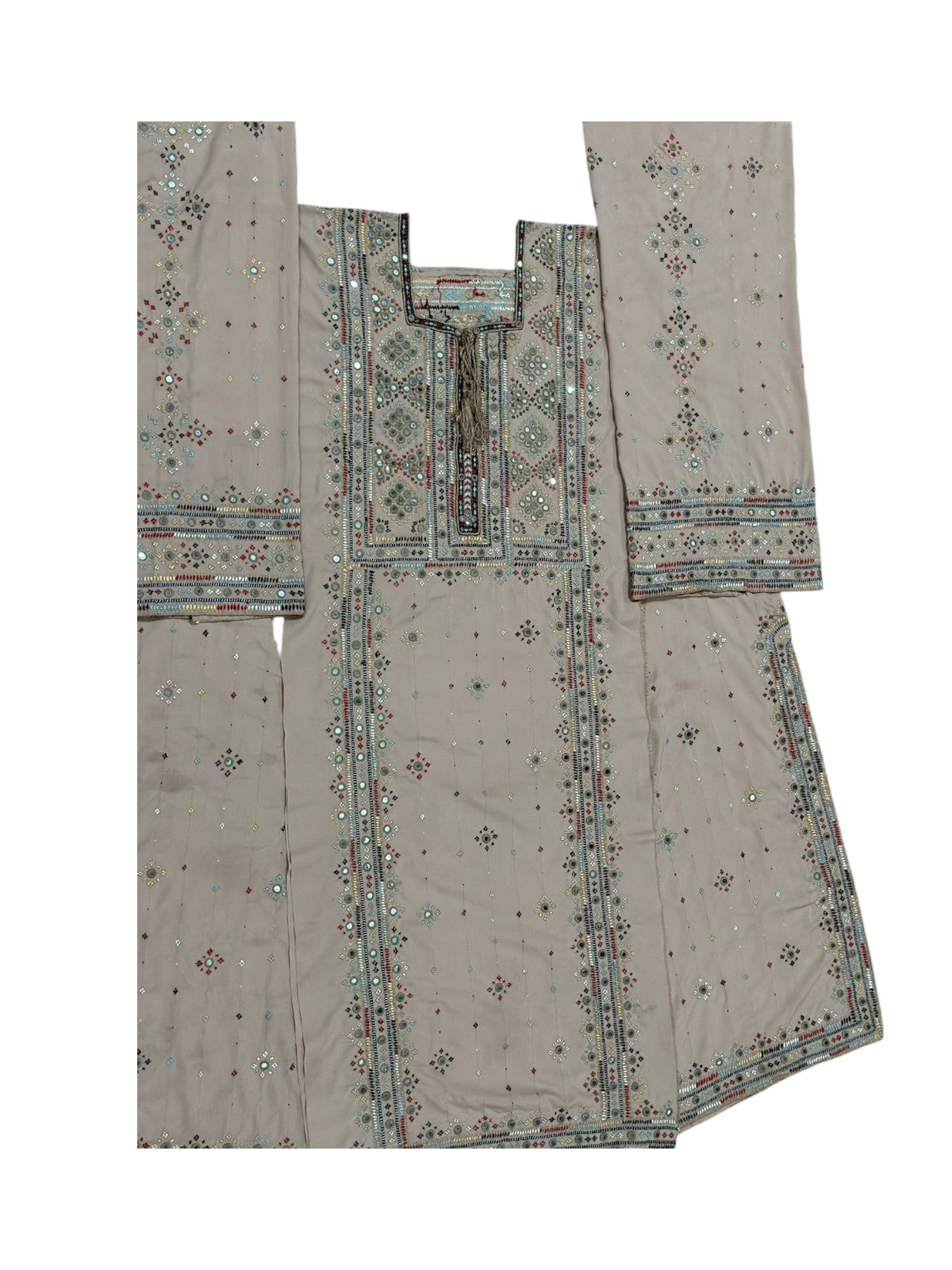 Handmade Balochi Mirror Embroidery Kurta in beige – traditional Pakistani ethnic dress for women with colorful threadwork and mirror details