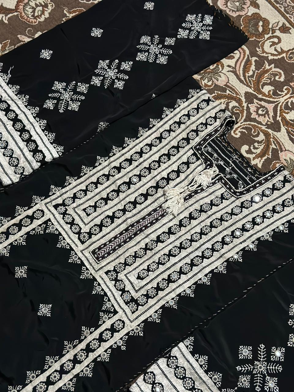 Black and White Unstitched Balochi Kasheeda Kurta for Women