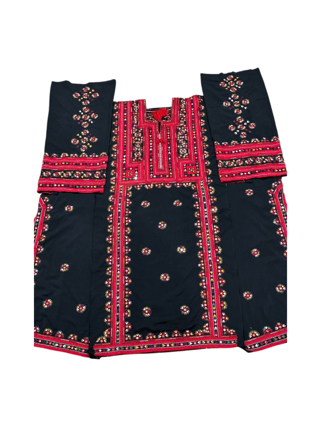 Handmade black Balochi kurta with red and multicolor traditional Pakistani embroidery