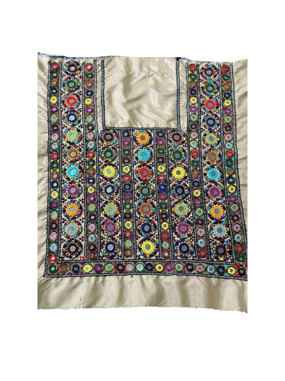 Handmade Balochi embroidery on beige fabric with mirror work and multicolor thread on front and sleeves