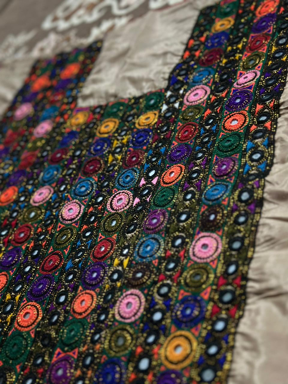 Handmade Balochi Mirror Work Embroidered Multicolor Front & Sleeves | Ethnic Fabric for Women's Dress