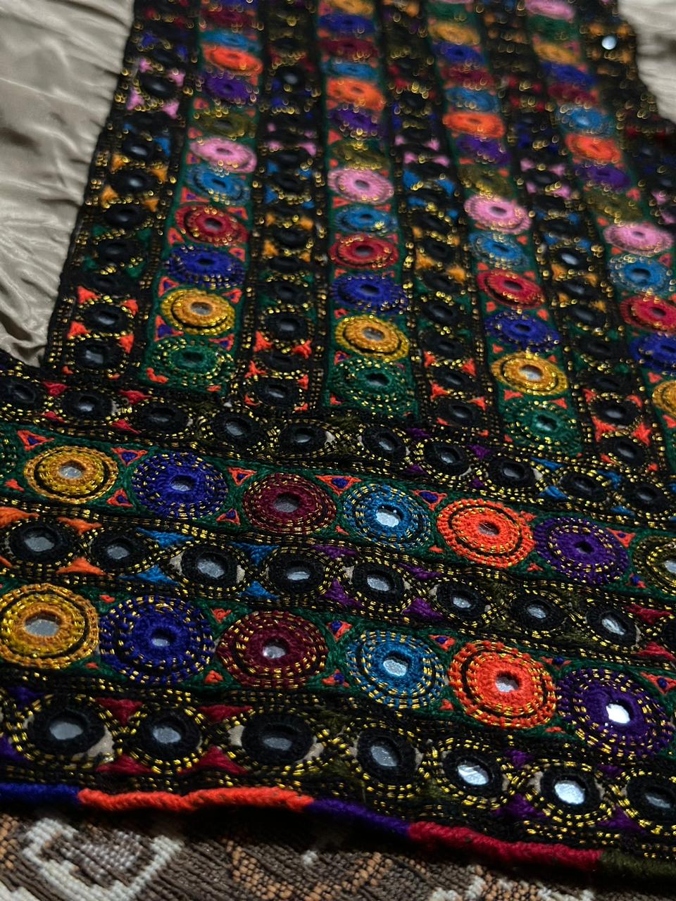 Handmade Balochi Mirror Work Embroidered Multicolor Front & Sleeves | Ethnic Fabric for Women's Dress