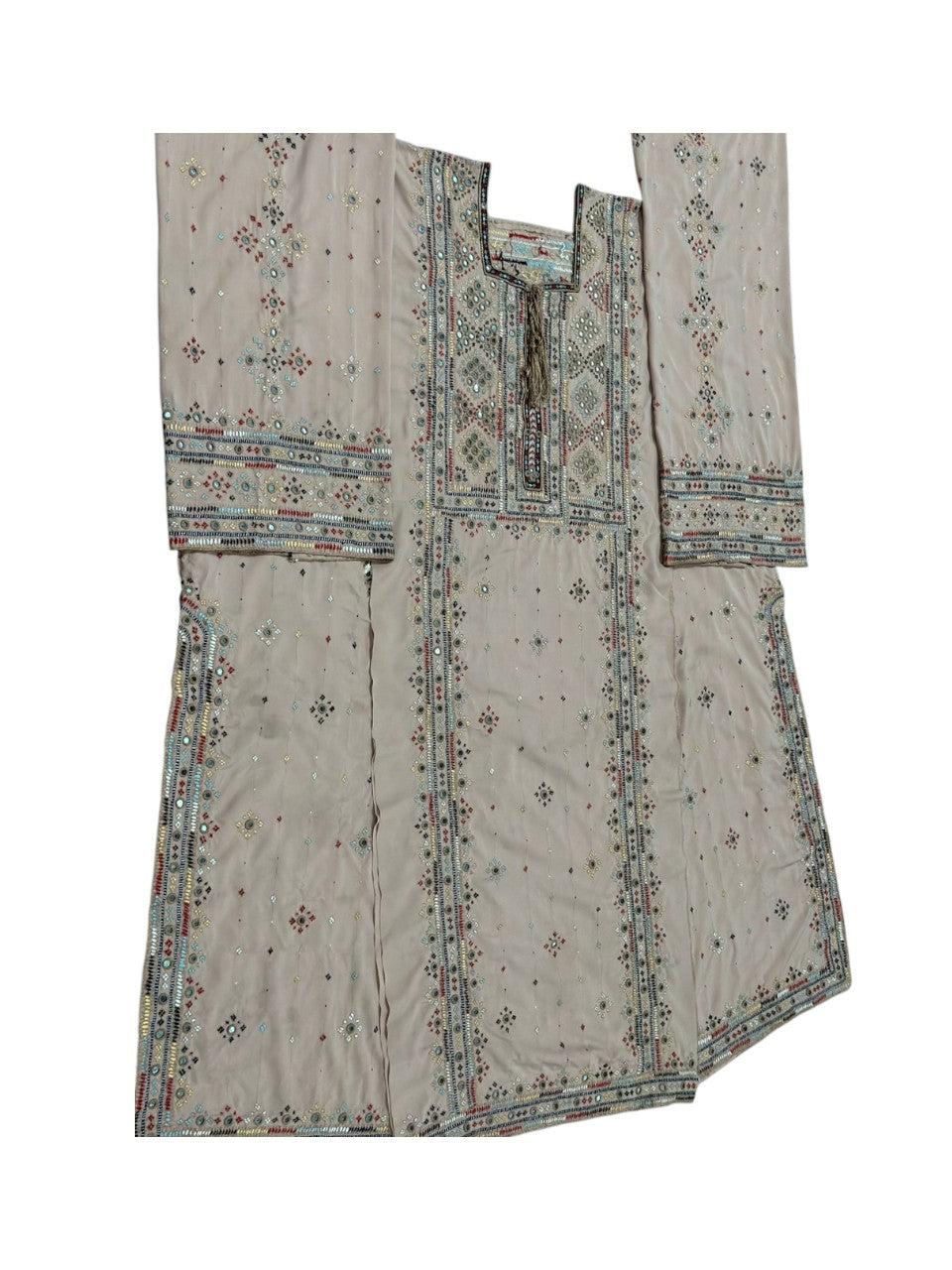  Handmade Balochi Mirror Embroidery Kurta in beige – traditional Pakistani ethnic dress for women with colorful threadwork and mirror details