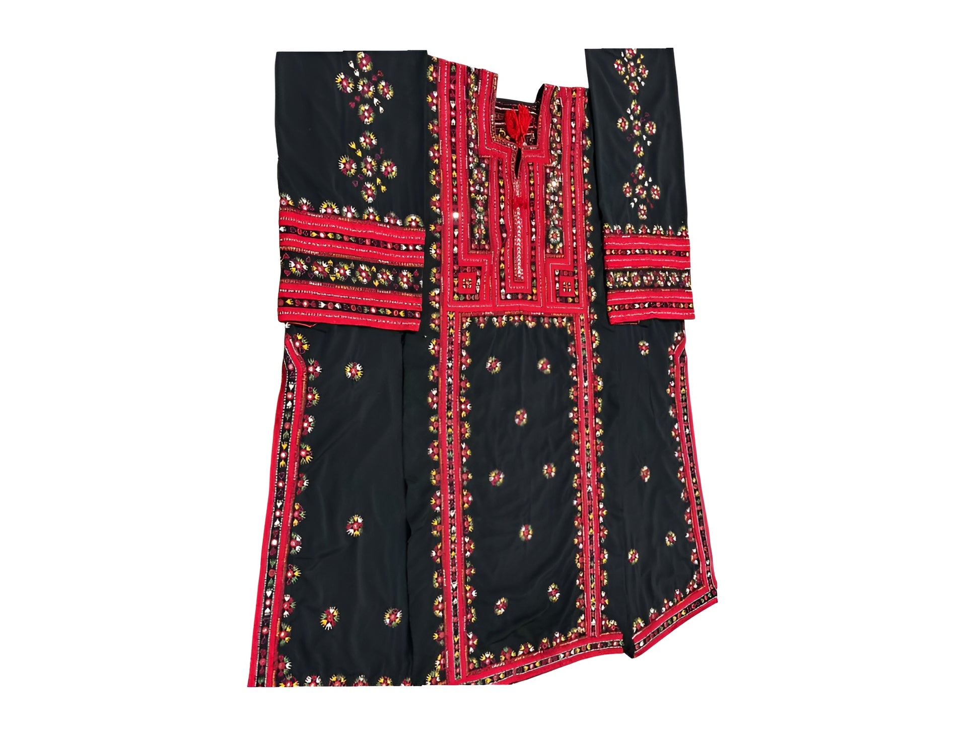 Traditional Handmade Unstitched Black Balochi Kurta - Red And Muticolour Balochi Embroidery